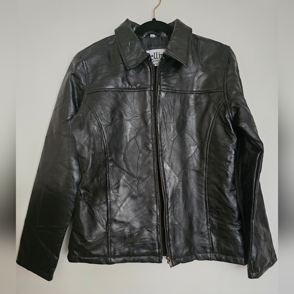 Cellini LEATHER COLLECTION Black Soft Mosaic Patch Leather Women Coat Jacket